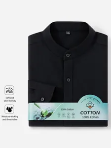 Premium black men's Mandarin collar Henley shirt with refined cotton texture detail