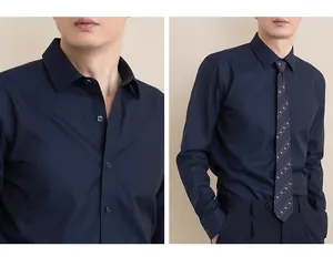 Close-up of men's navy blue stretch dress shirt with professional business tie