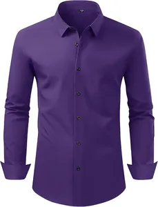 Vue détaillée de chemise violette à manches longues pour hommes en tissu extensible