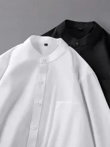 Premium men's casual stand collar Henley shirt with textured fabric in white and black