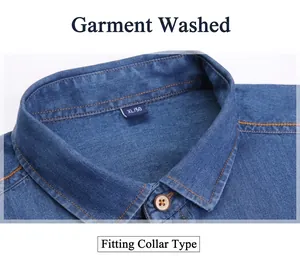 Macro detail of men's blue denim shirt collar showing contrast stitching and fabric texture.