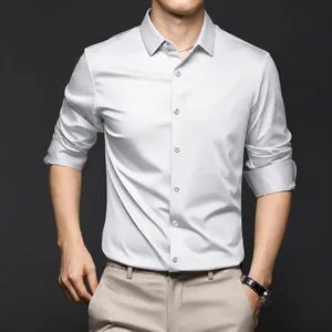 Chemise en Satin Décontractée pour Hommes Coupe Cintrée Sans Repassage Couleur Unie Manches Longues pour le Bureau