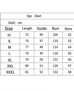 Detailed size chart for men's business casual shirt showing length, bust and sleeve info.