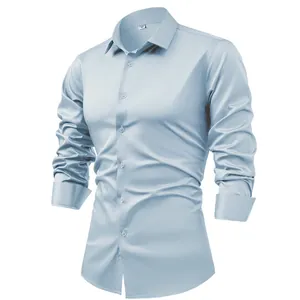 Chemise en satin bleu clair à manches longues pour hommes, tissu sans repassage élégant