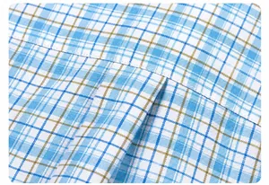 High-quality close-up detail of the back box pleat on a blue plaid cotton shirt