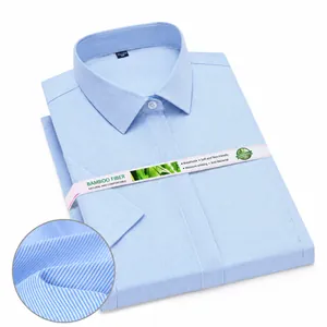 Detailed view of light blue striped bamboo fiber short sleeve dress shirt texture