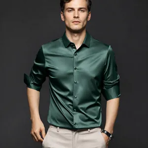 Chemise homme en satin de soie vert foncé, manches longues, pour affaires et loisirs