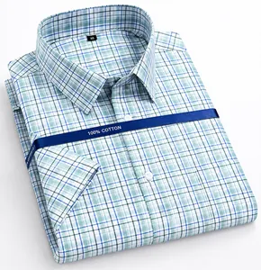 Close-up detail of 100% cotton men's short sleeve plaid shirt with soft texture