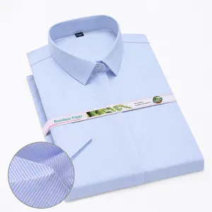 Detail showing light blue fine stripe texture of bamboo fiber shirt
