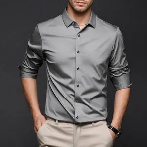 Chemise d'affaires haut de gamme en satin gris à manches longues pour homme, fini soie