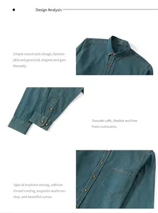 Detailed view of men's blue cotton denim shirt showing collar, cuffs and pocket stitching.
