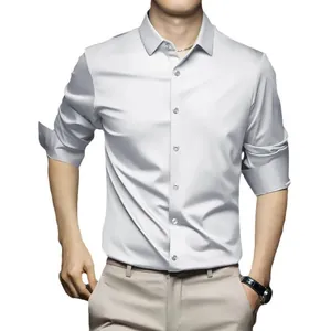 Chemise en satin argenté pour homme business casual manches longues sans repassage