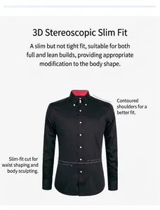 Detailed view of slim fit black men's long sleeve shirt with unique red collar accent.
