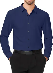 Chemise homme à manches longues bleu foncé en tissu extensible sans repassage