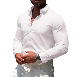 Chemise décontractée blanche à manches longues pour hommes avec poche et stretch