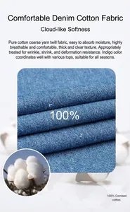 High-quality detailed close-up showing the 100% combed cotton denim fabric texture and weave