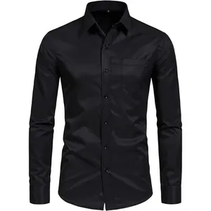 Chemise classique noire à manches longues extensible avec poche de poitrine pour homme