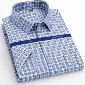 Detailed view of a blue and white plaid 100% cotton short-sleeve men's shirt