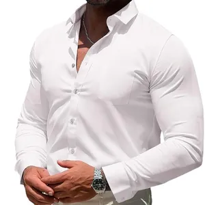 Chemise blanche extensible à manches longues pour homme avec poche, coupe ajustée décontractée