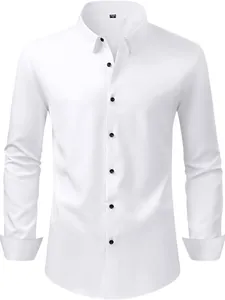 Chemise Formelle d'Affaires pour Hommes Manches Longues Extensible sans Repassage Couleur Unie Coupe Slim pour Bureau Mariage Fête Top
