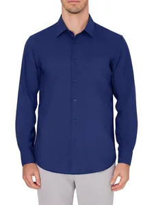 Camisa elástica de manga larga azul marino con bolsillo, no necesita plancha business