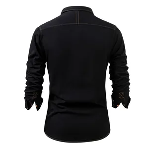 Detailed back view of a men's black long sleeve cotton denim shirt with contrast stitching.