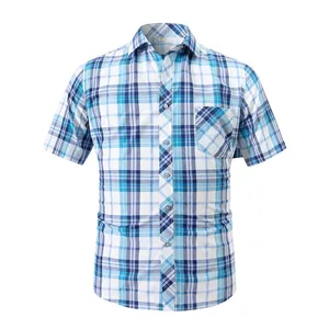 Chemise décontractée à manches courtes pour hommes à carreaux bleus avec poche