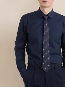 Professional men's navy blue four-way stretch long-sleeve dress shirt with striped tie