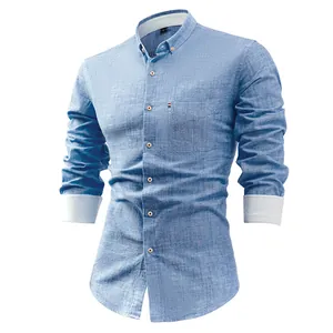 Camicia casual da uomo a maniche lunghe in cotone lino azzurro con collo button-down