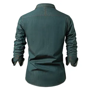 Close-up rear view of men's long-sleeve cotton denim shirt with orange stitching detail
