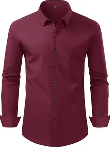 Chemise homme bordeaux à manches longues, extensible à quatre sens sans repassage