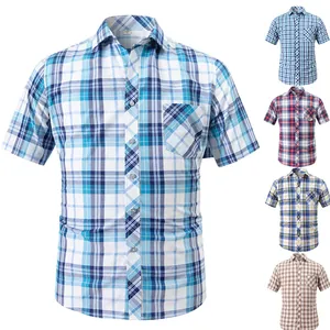 Chemise Décontractée à Carreaux pour Hommes Manches Courtes Mélange de Coton Coupe Slim Sans Repassage Mode Business avec Poche