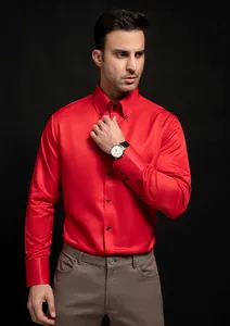 Professional men's red long-sleeve business casual shirt with stylish black diamond buttons.