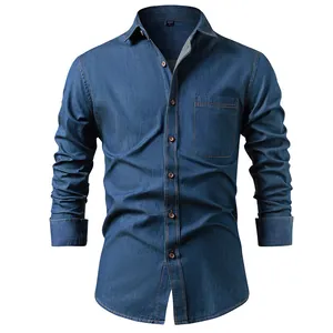 Men's premium long sleeve denim shirt in deep blue pure cotton for casual wear style