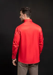 Professional back view of a luxury red satin business shirt for men with cuff details