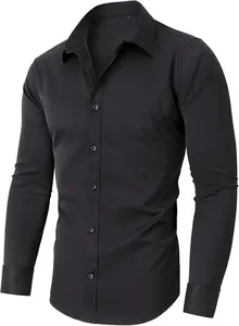 Chemise noire classique pour homme, coupe ajustée, manches longues, tissu extensible