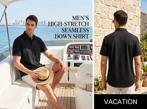 Vues détaillées d'une chemise noire extensible pour homme dans un cadre de vacances.
