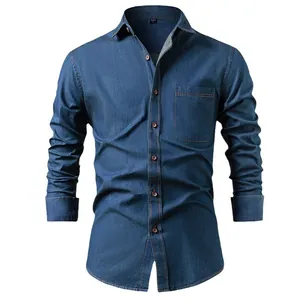 Classic American style men's blue cotton denim long sleeve shirt with a single front pocket