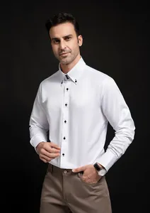 Professional men's white long-sleeve dress shirt with decorative black buttons detail
