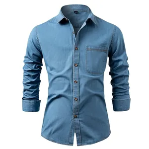 Classic men's long sleeve blue cotton denim shirt featuring a single chest pocket.
