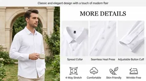 Vue détaillée de la chemise extensible blanche pour homme avec col évasé et tissu infroissable