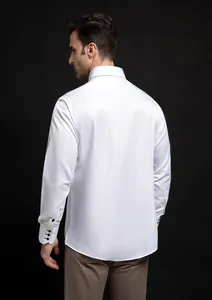 Back view of a premium men's white long-sleeved business casual shirt on a model.