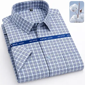 Close-up of blue plaid 100% cotton short-sleeve shirt with Oxford weave detail