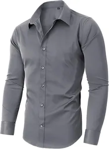 Chemise business grise ajustée à manches longues en tissu extensible sans repassage