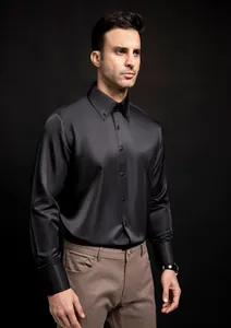 High-end black long-sleeved business casual shirt with subtle luxury silk-like sheen
