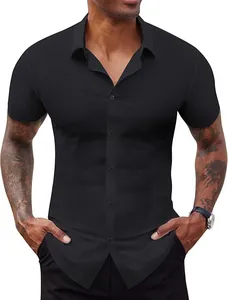 Slim fit high-elastic seamless black short sleeve business casual shirt for men