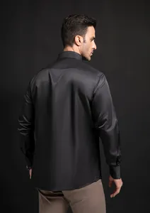 Back view of a black long-sleeved business shirt with a premium silk-like finish.