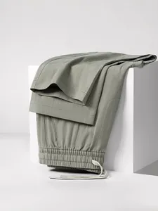 Men Lyocell Linen Casual Pants Summer Breathable Straight Leg Trousers Drawstring Elastic Waist Herringbone Solid Color Bottom