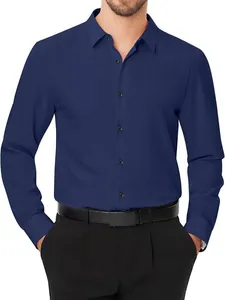 Dunkelblaues Herren-Business-Hemd, langärmelig, bügelfrei, Stretch mit schwarzen Knöpfen