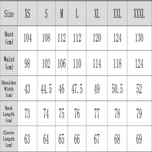 Size chart for men's high elastic long sleeve shirt with detailed measurements
